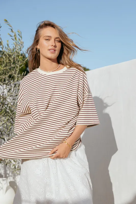 Wilda Oversized Tee - Cream Tan Stripe sold by Petal & Pup