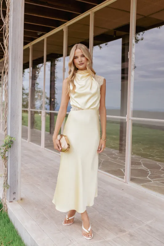 Anabelle Halter Neck Lace Maxi Dress - Butter Yellow made by Petal & Pup