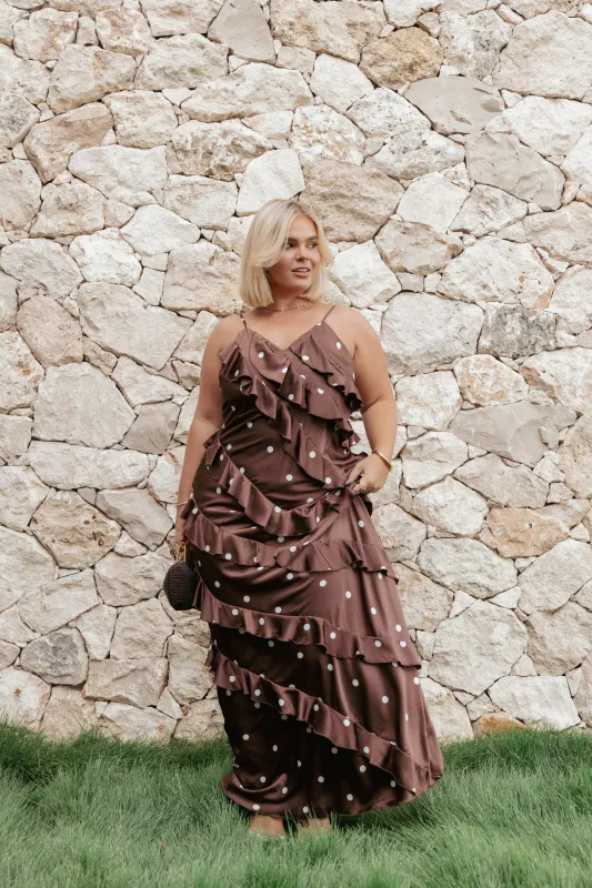 Ciao Ruffles Maxi Satin Dress - Brown Polka Dot made by Petal & Pup
