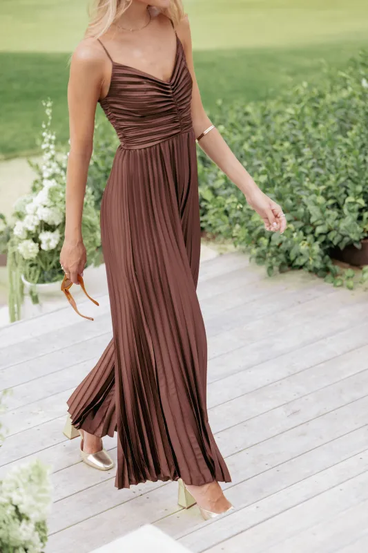 Angelique Pleated Jumpsuit - Chocolate Brown sold by Petal & Pup