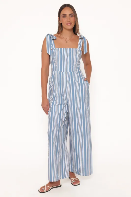 Ella Tie Shoulder Jumpsuit - Blue/White Stripe made by Petal & Pup