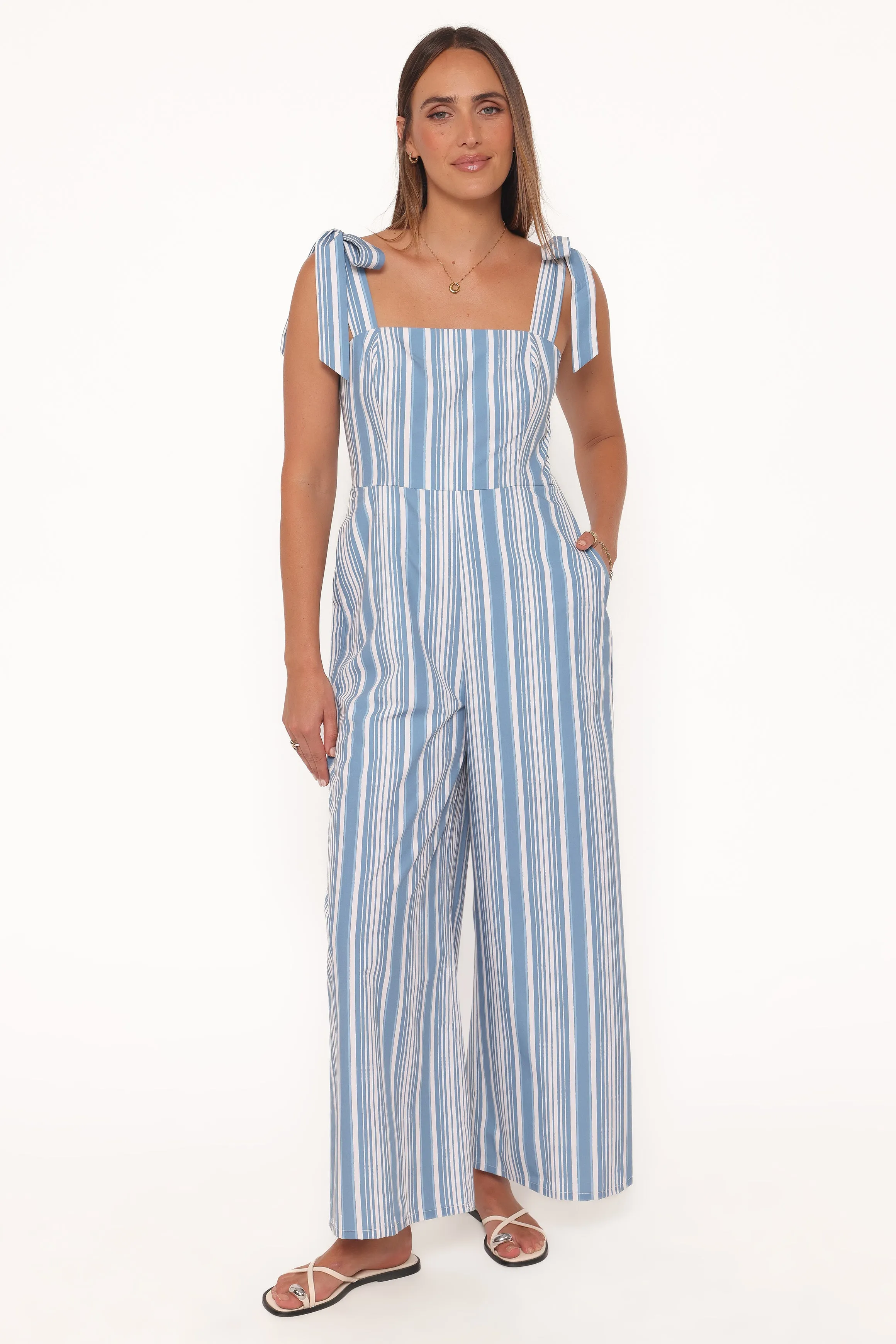 Ella Tie Shoulder Jumpsuit - Blue/White Stripe sold by Petal & Pup