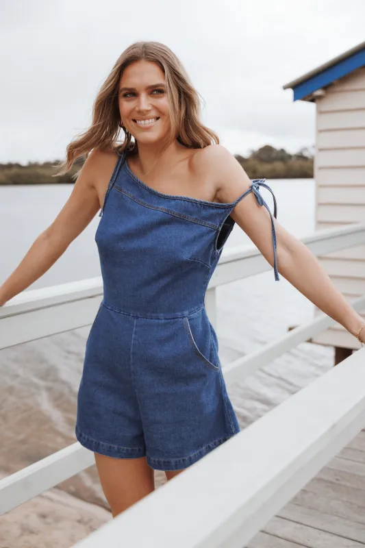 Tatum Off Shoulder Romper - Dark Denim made by Petal & Pup