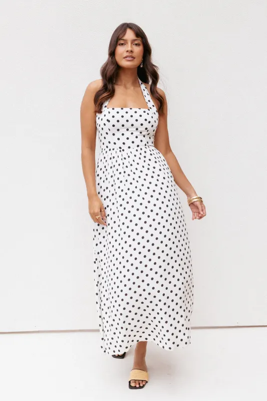 Gemini Halterneck Maxi Dress - White Polka Dot made by Petal & Pup
