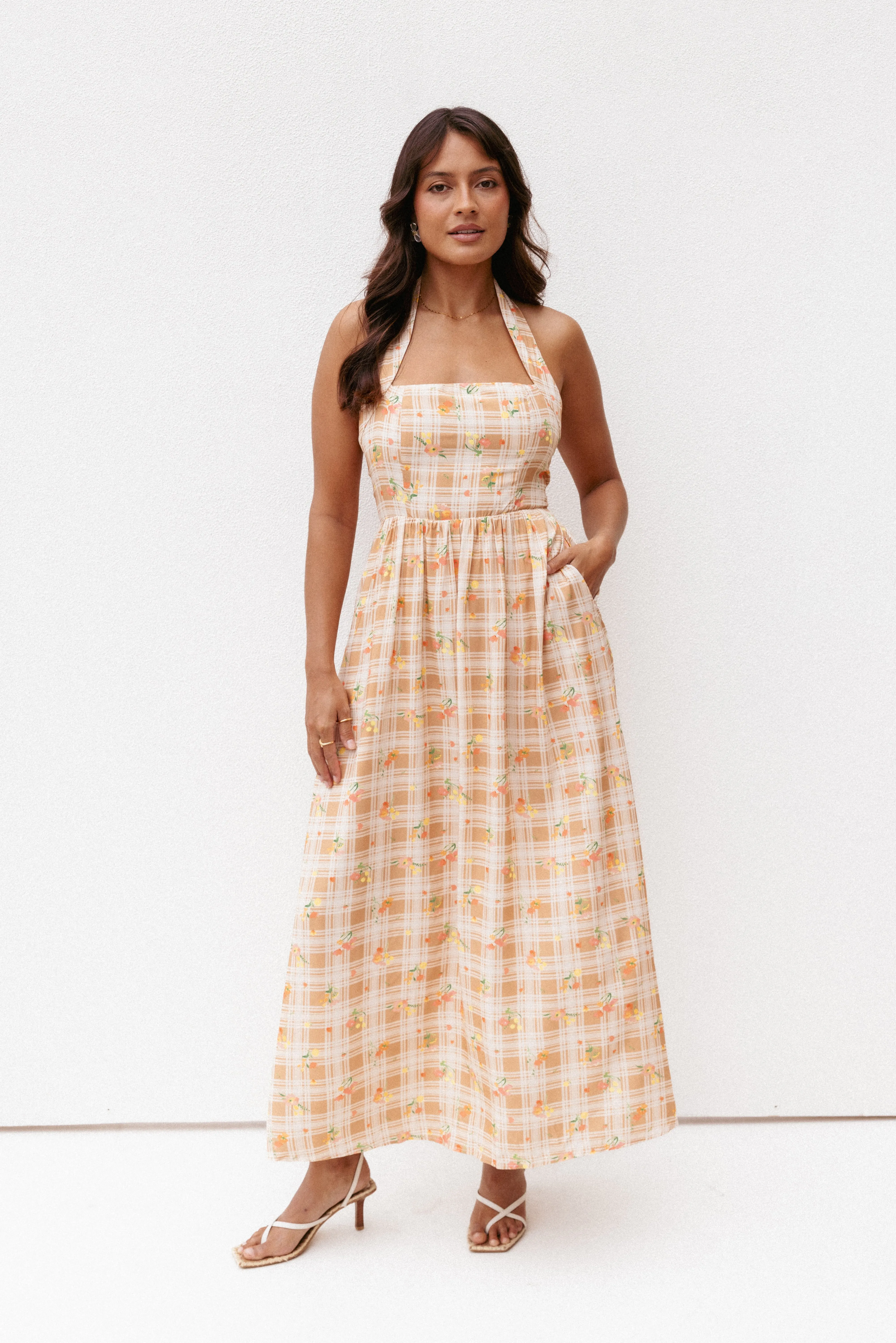 Gemini Halterneck Maxi Dress - Yellow Floral Gingham sold by Petal & Pup