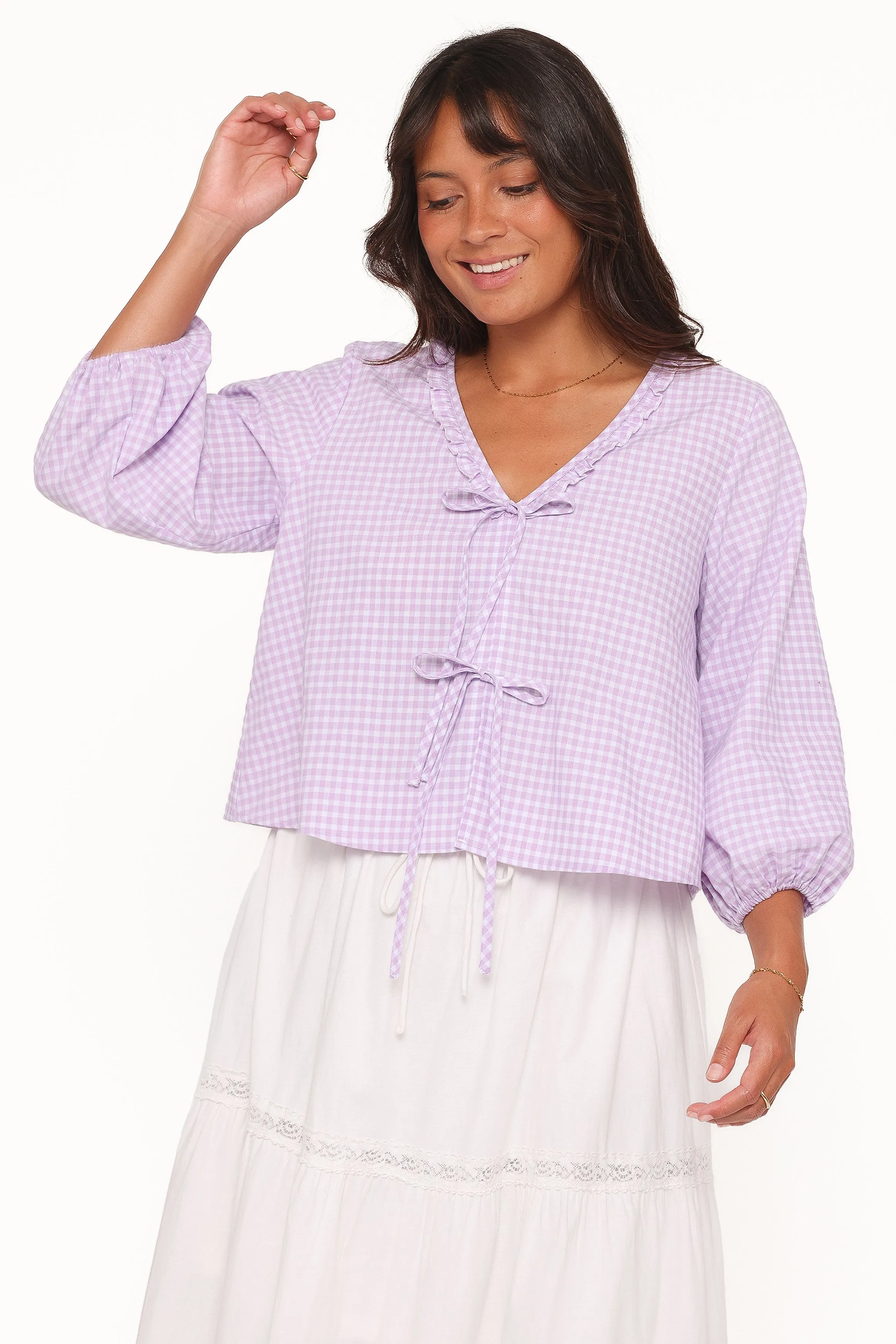 Fainche Front Tie Top - Lilac Gingham sold by Petal & Pup product image thumbnail 2
