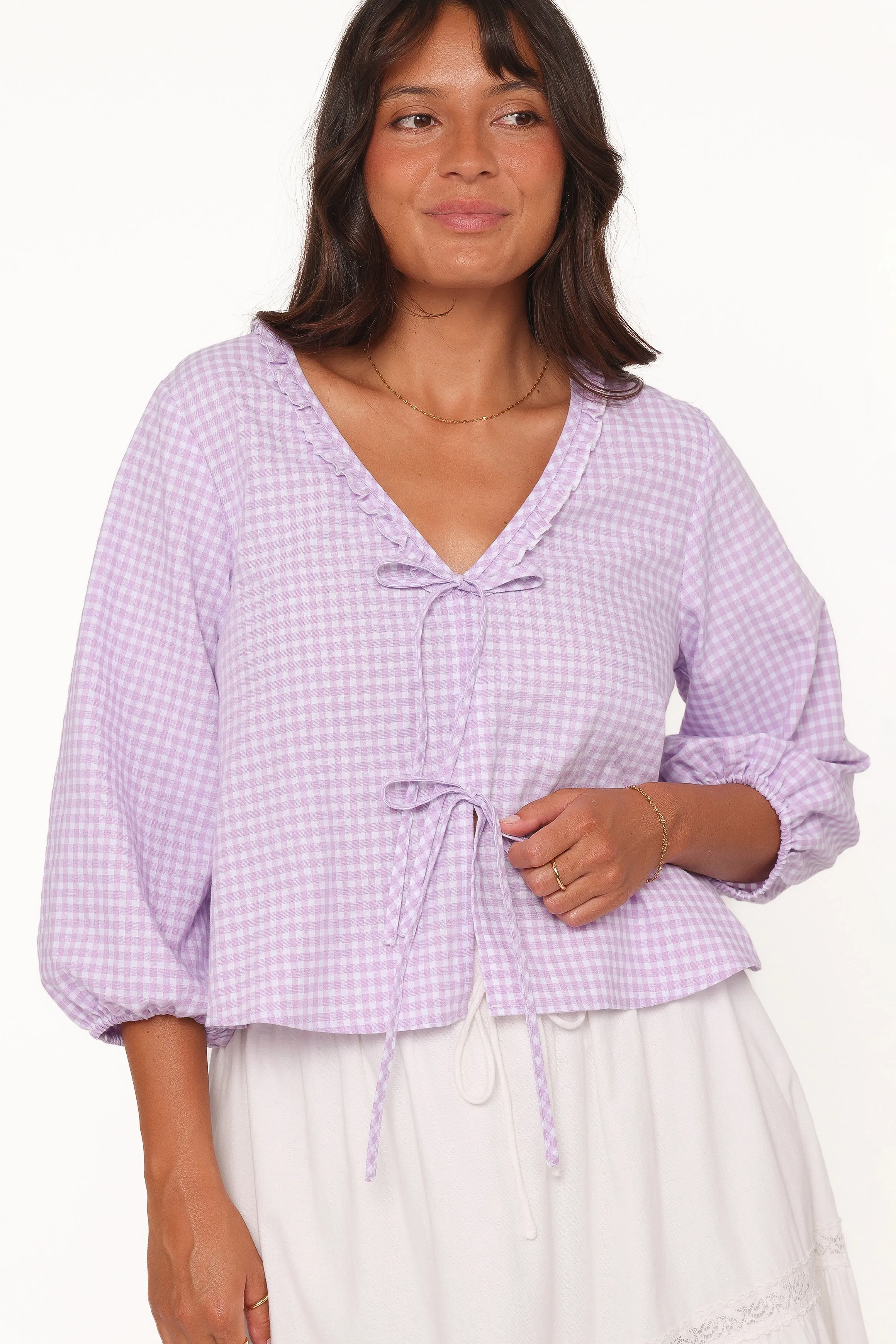 Fainche Front Tie Top - Lilac Gingham sold by Petal & Pup product image thumbnail 3