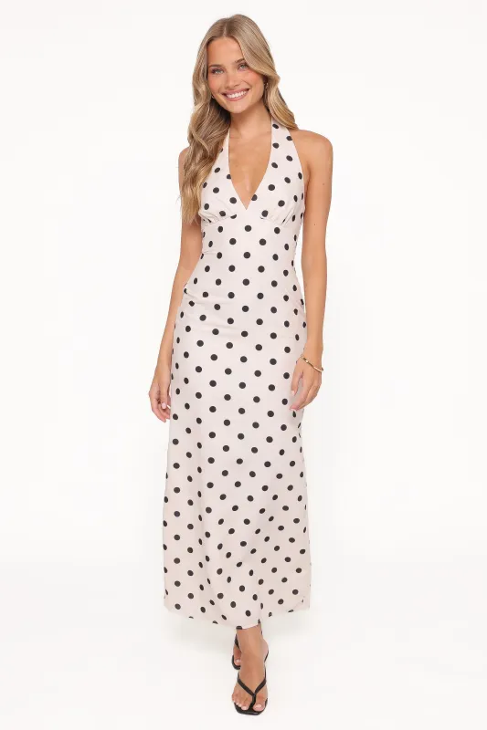 Adora Halterneck Maxi Dress - White Polka Dot made by Petal & Pup