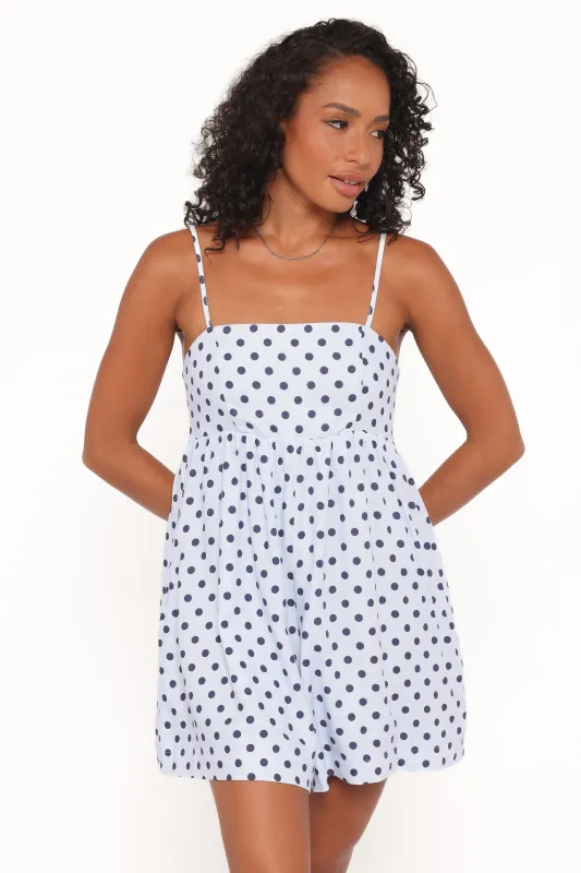 Quinley Romper - Blue Polka Dot made by Petal & Pup