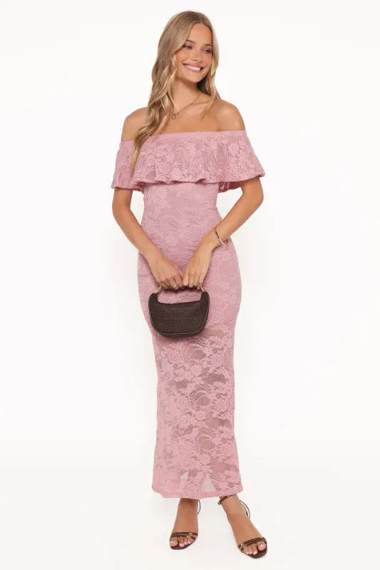 Mirelle Off Shoulder Lace Maxi Dress - Pink made by Petal & Pup