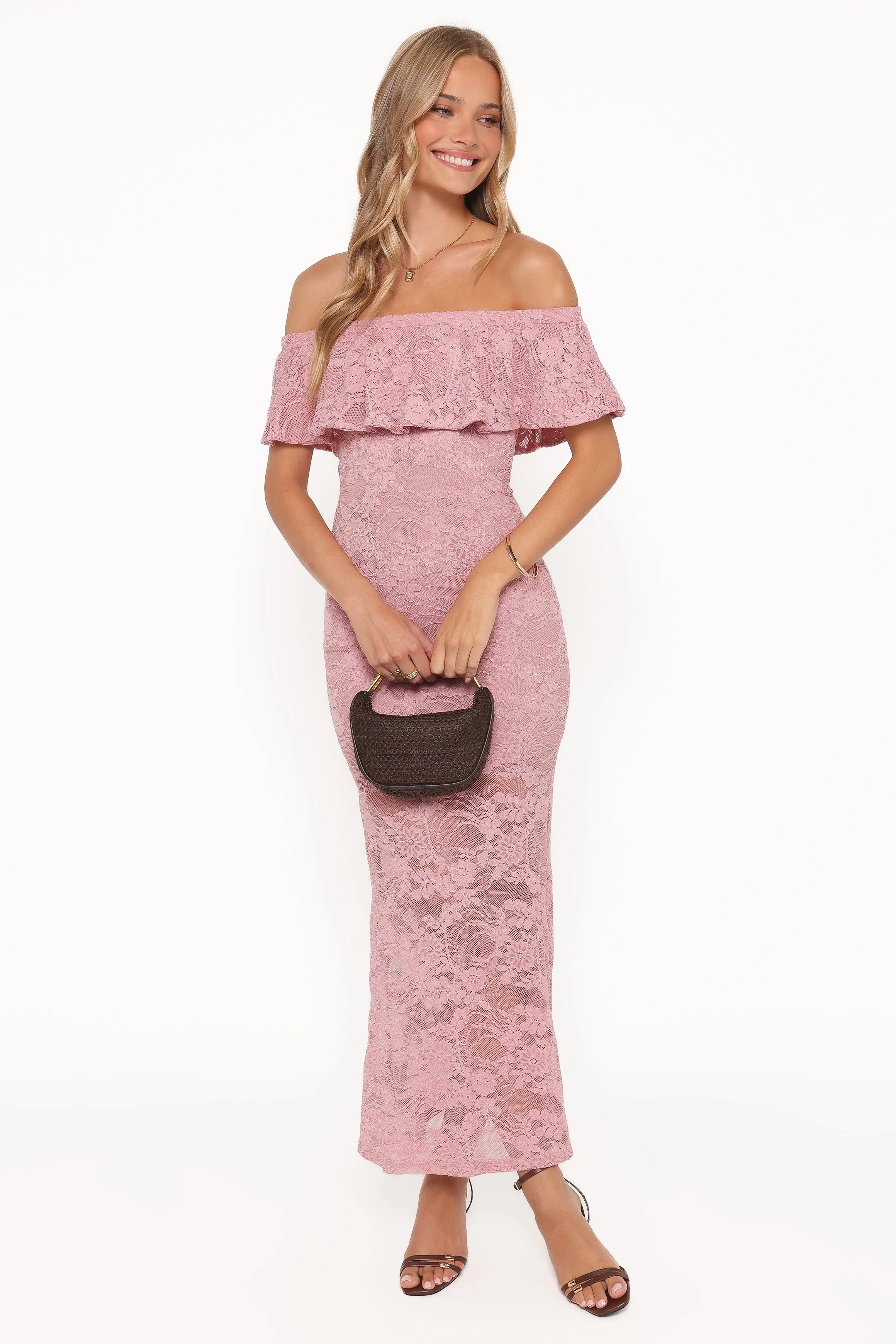Mirelle Off Shoulder Lace Maxi Dress - Pink sold by Petal & Pup