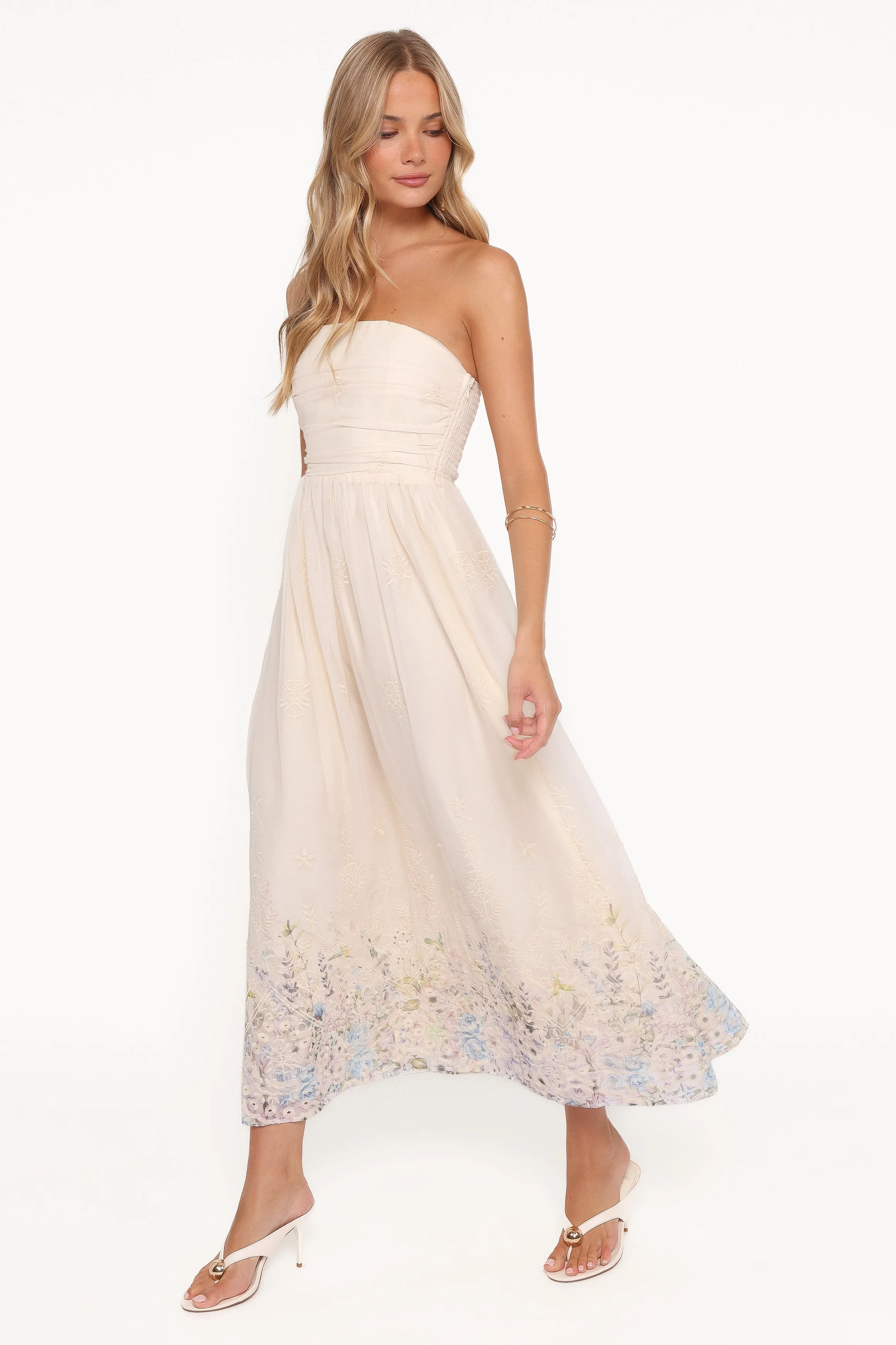 Kayt Strapless Dress - Embroidered Floral sold by Petal & Pup