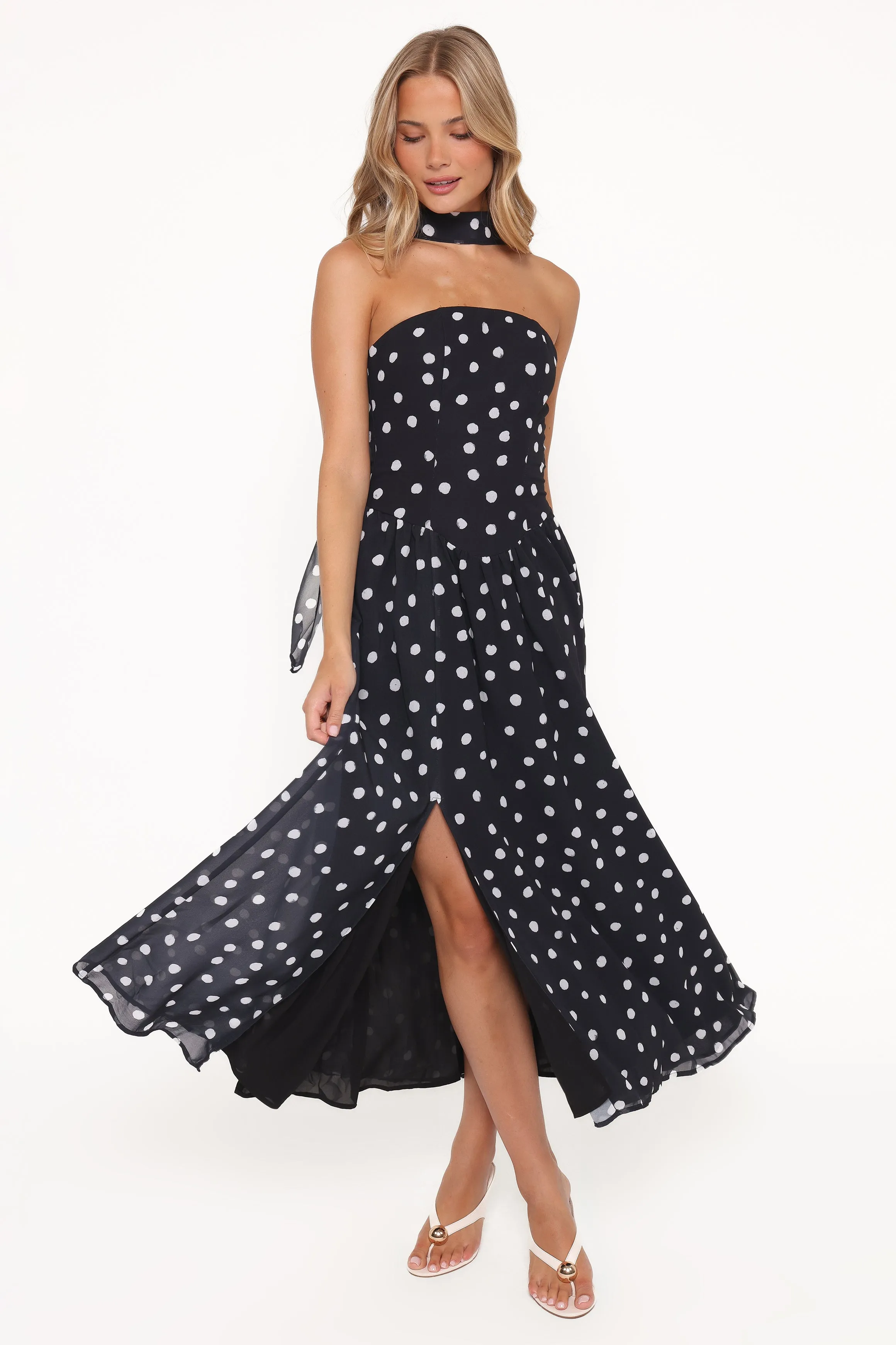 Boston Strapless Maxi Dress - Black Polka Dot sold by Petal & Pup