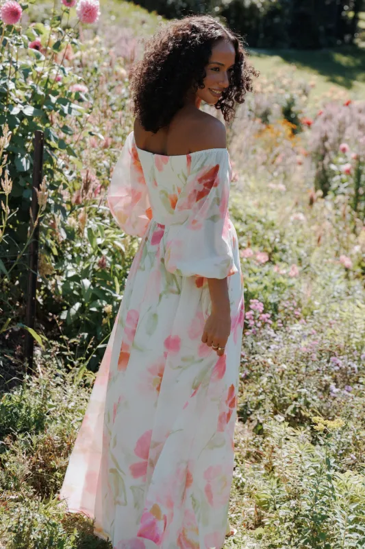 Chantel Off Shoulder Maxi Dress - Pink Garden Floral made by Petal & Pup