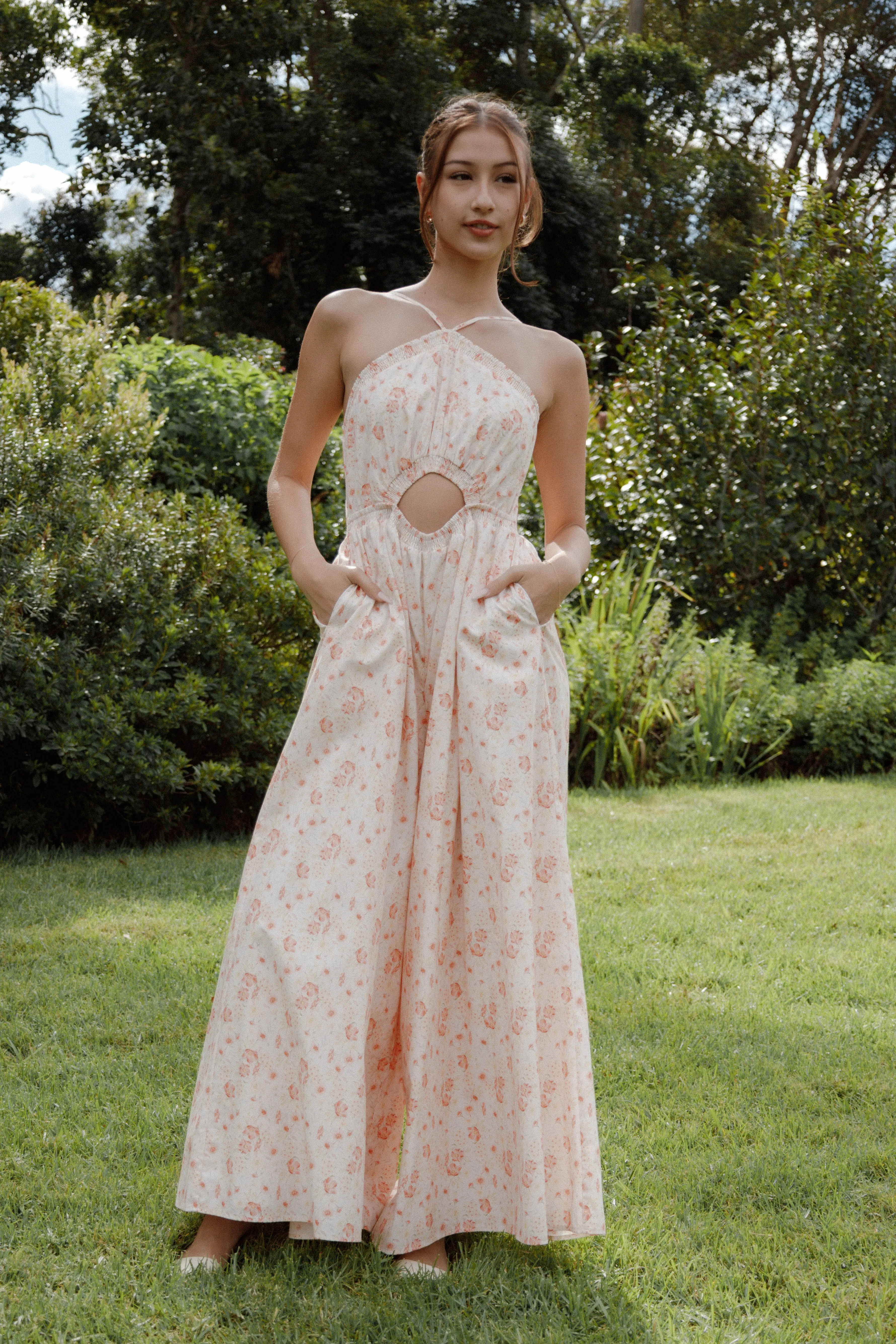 Madeira Jumpsuit - Peach Ditsy Floral sold by Petal & Pup