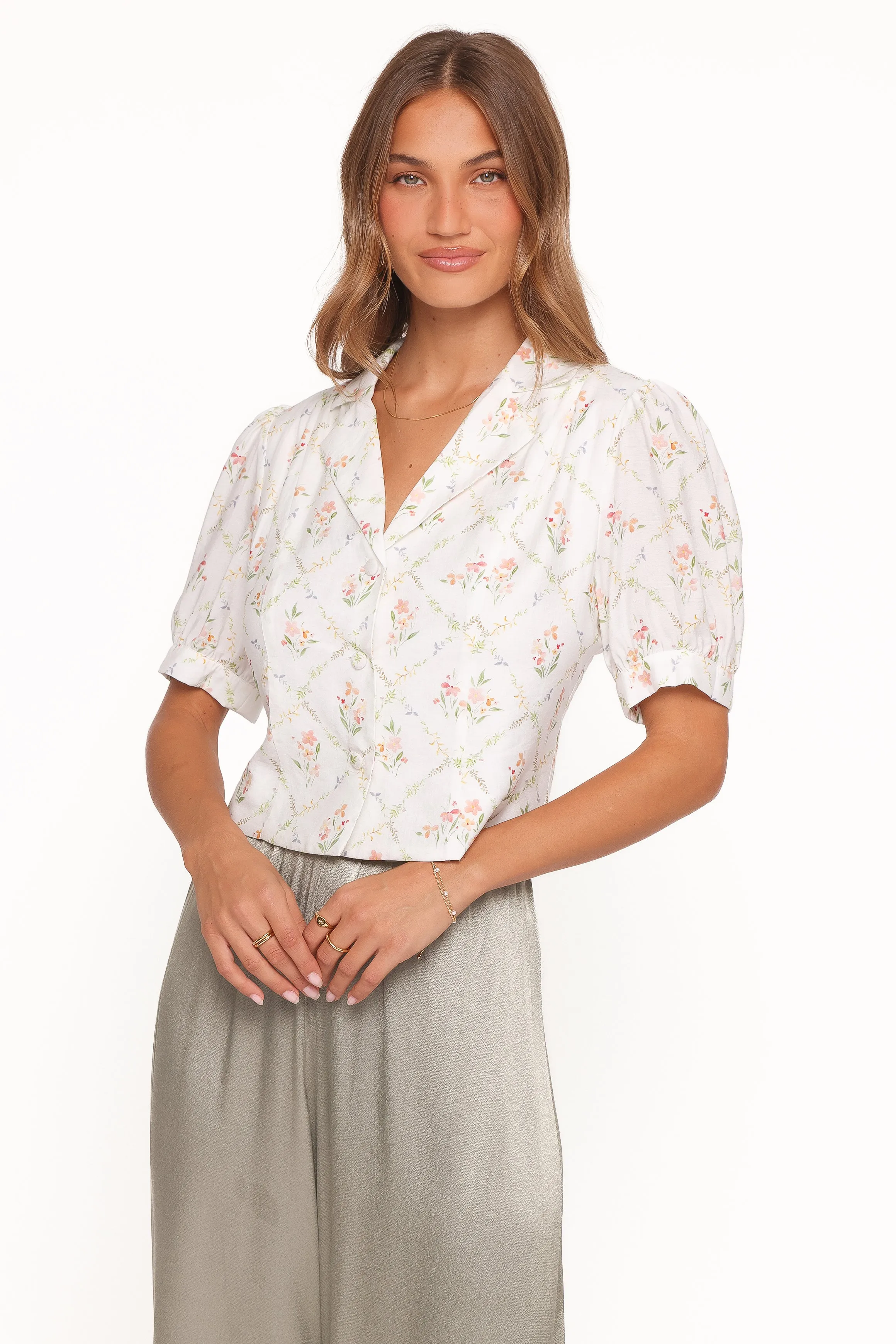 Steele Button Front Top - White Vintage Floral sold by Petal & Pup product image thumbnail 2