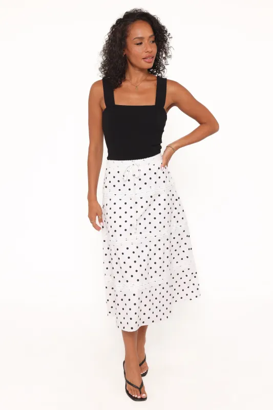 Lucia Tiered Midi Skirt - White Polka Dot made by Petal & Pup