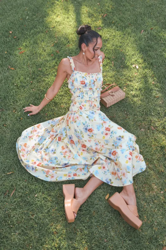 Enola Gather Midi Dress - Yellow Floral made by Petal & Pup
