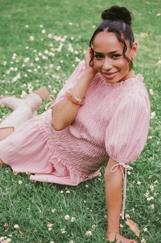 Kaelyn Gather Mini Dress - Pink Stripe made by Petal & Pup