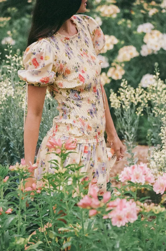Kaelyn Gather Mini Dress - Yellow Floral made by Petal & Pup