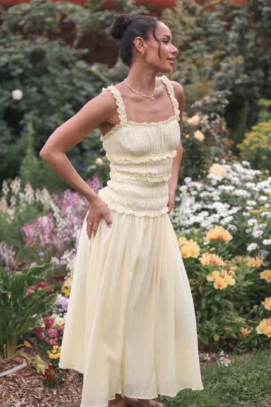 Enola Gather Midi Dress - Yellow made by Petal & Pup