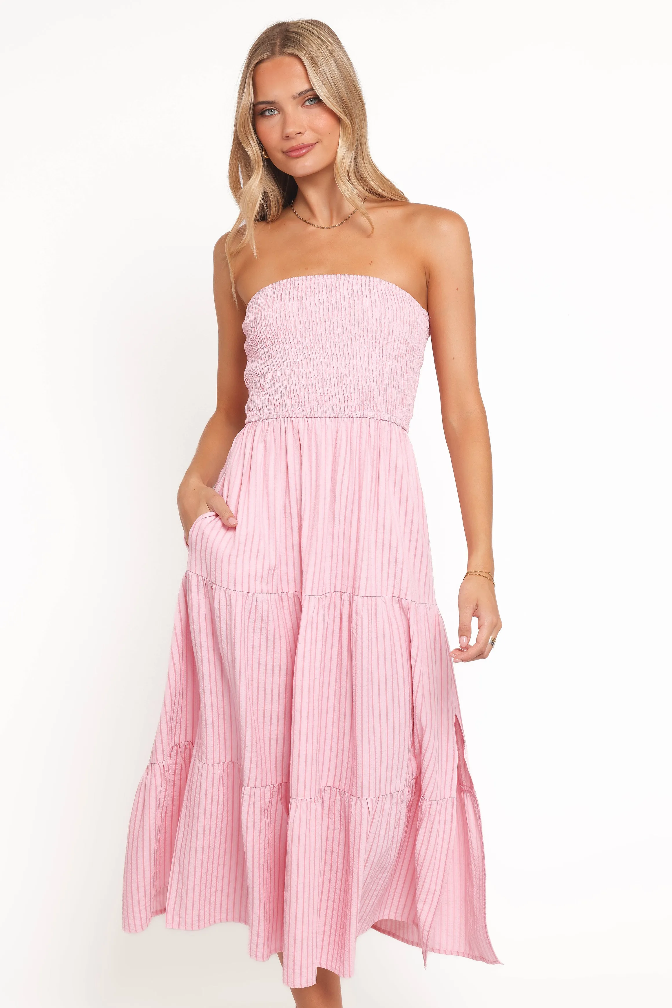 Maisie Strapless Midi Dress - Pink Stripe sold by Petal & Pup