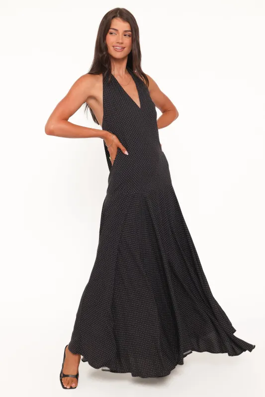 Natalie Halterneck Maxi Dress - Black Polka Dot made by Petal & Pup