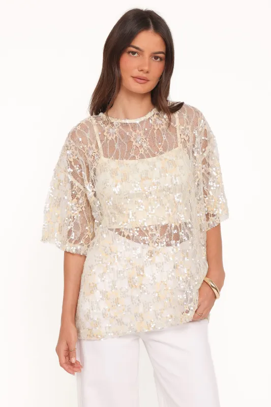 Yonder Sheer Lace Tee Top - Pale Yellow made by Petal & Pup