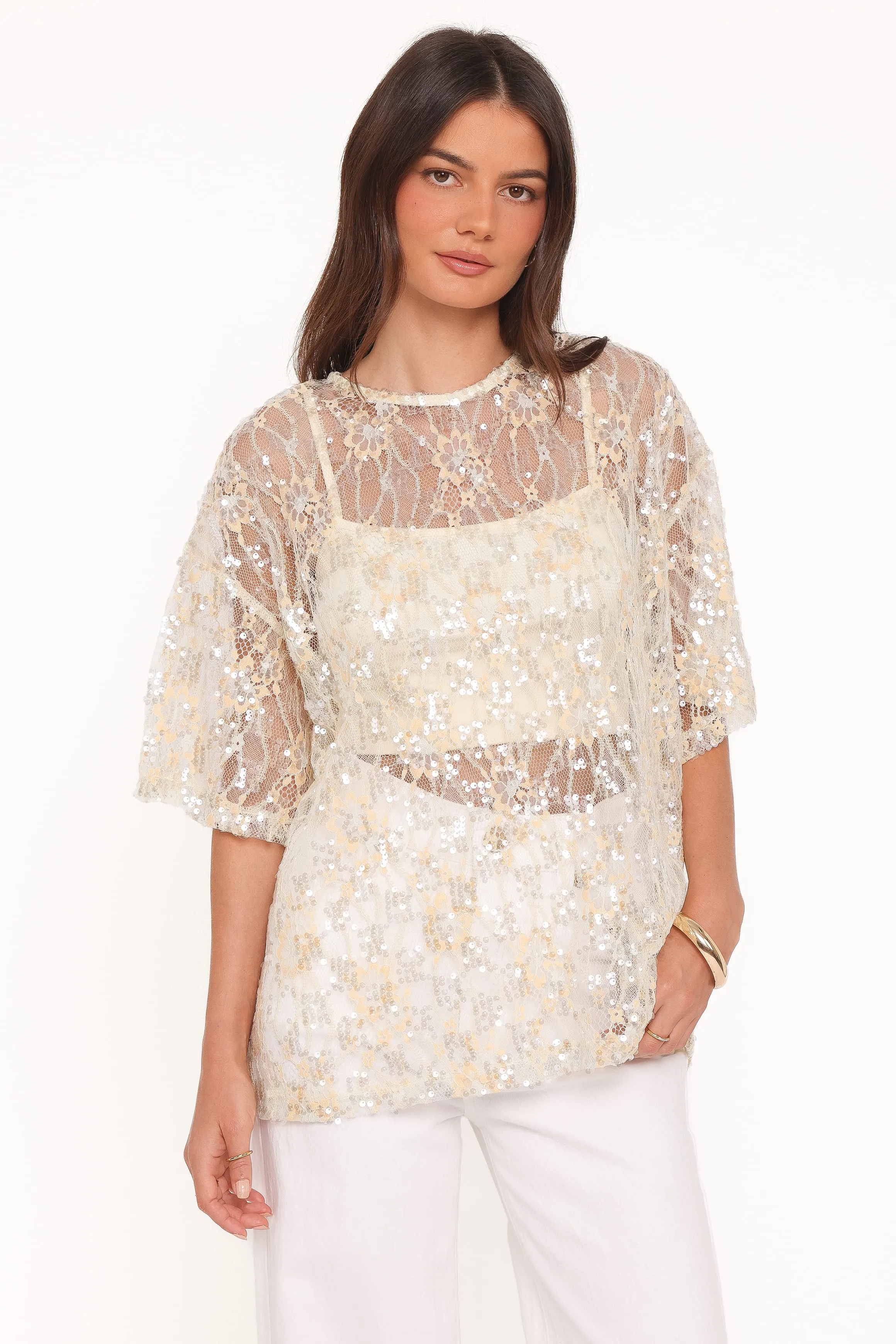 Yonder Sheer Lace Tee Top - Pale Yellow sold by Petal & Pup