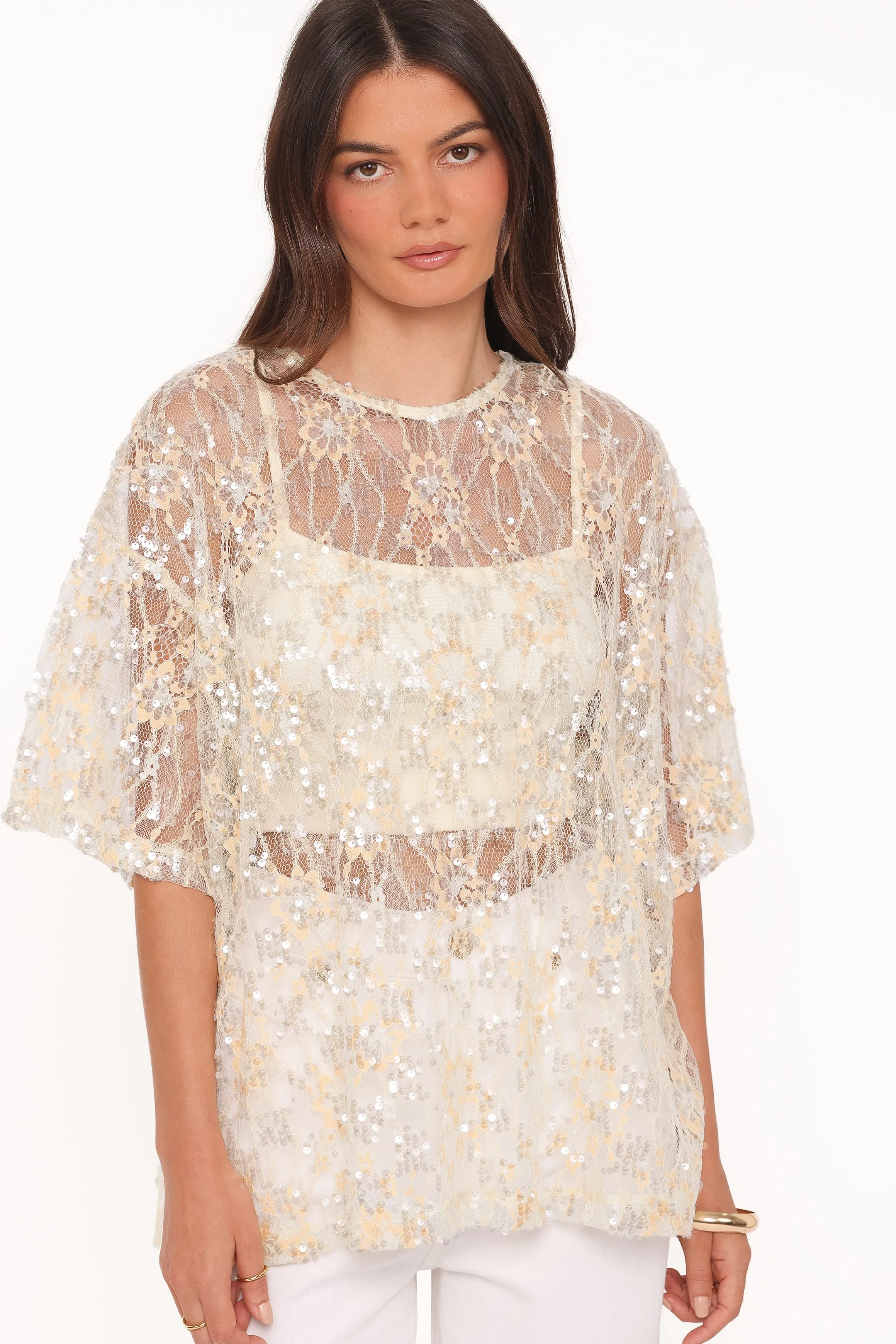 Yonder Sheer Lace Tee Top - Pale Yellow sold by Petal & Pup product image thumbnail 2