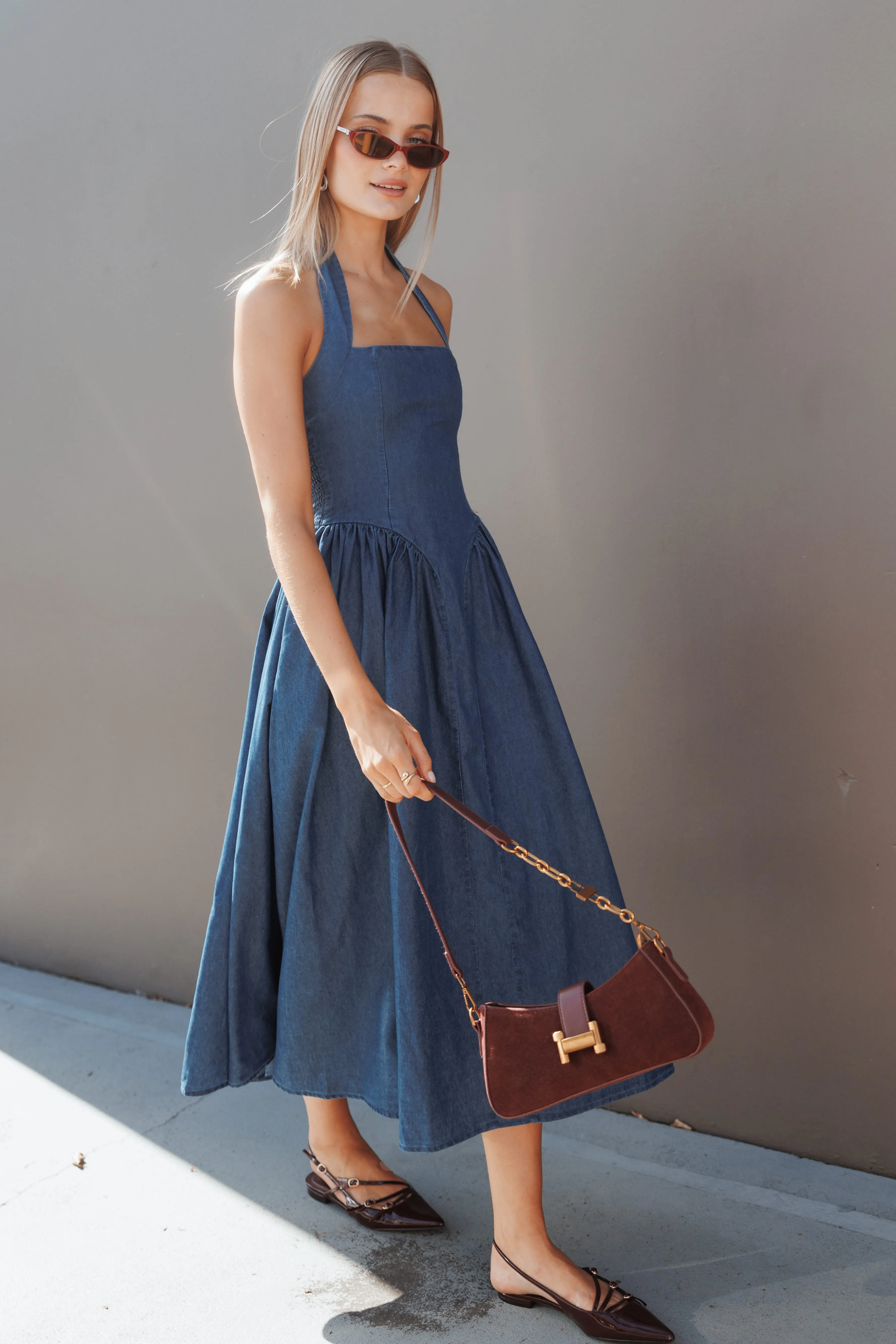 Milford Halterneck Midi Dress - Dark Denim sold by Petal & Pup