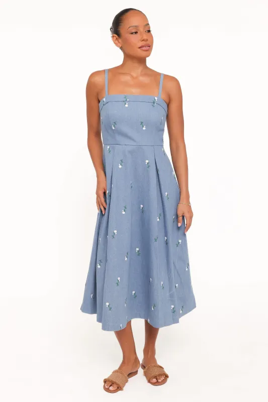 Chelsea Embroidered Midi Dress - Med Denim made by Petal & Pup