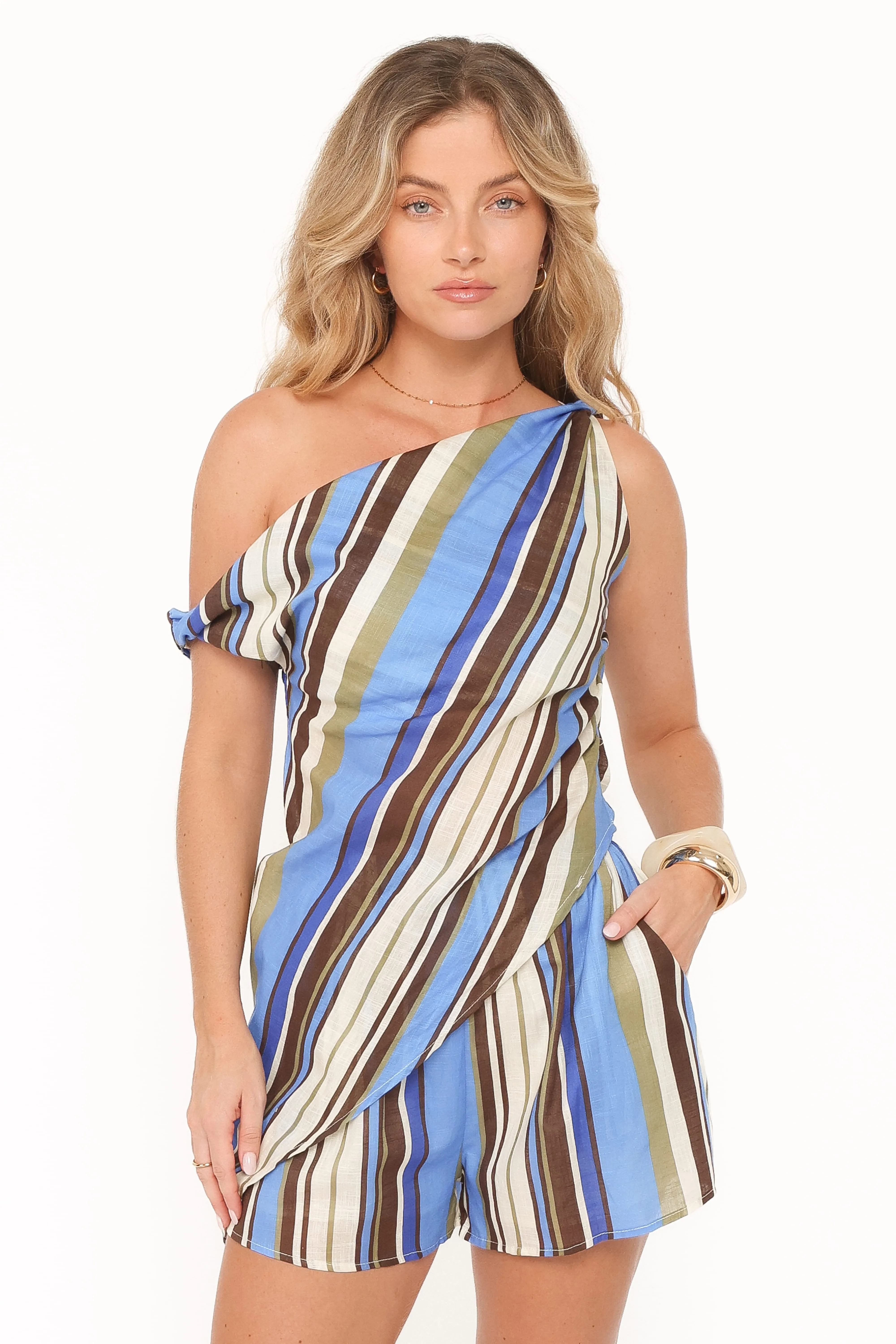 Char Short Set - Blue Khaki Stripe sold by Petal & Pup