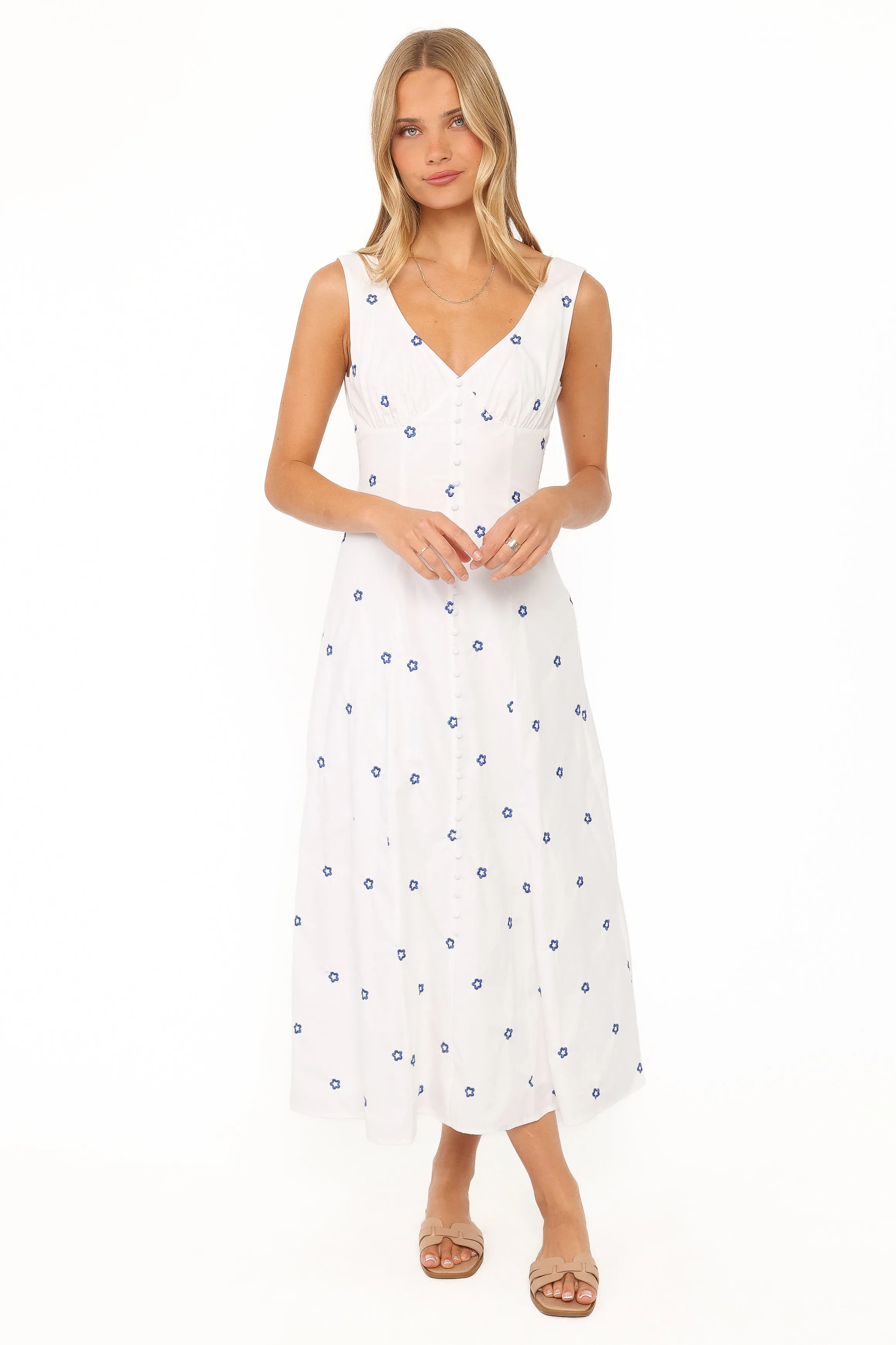 Luellen Embroidered Daisy Midi Dress - White sold by Petal & Pup