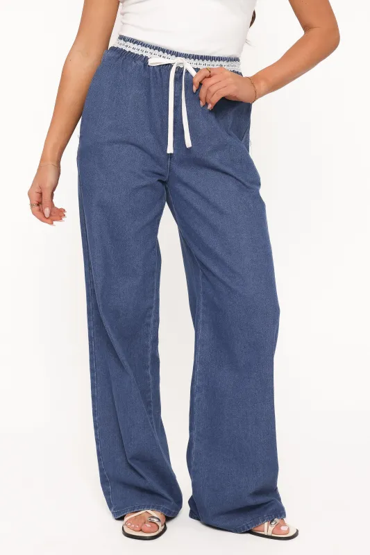 Siun Wide Leg Denim Joggers - Medium Wash made by Petal & Pup