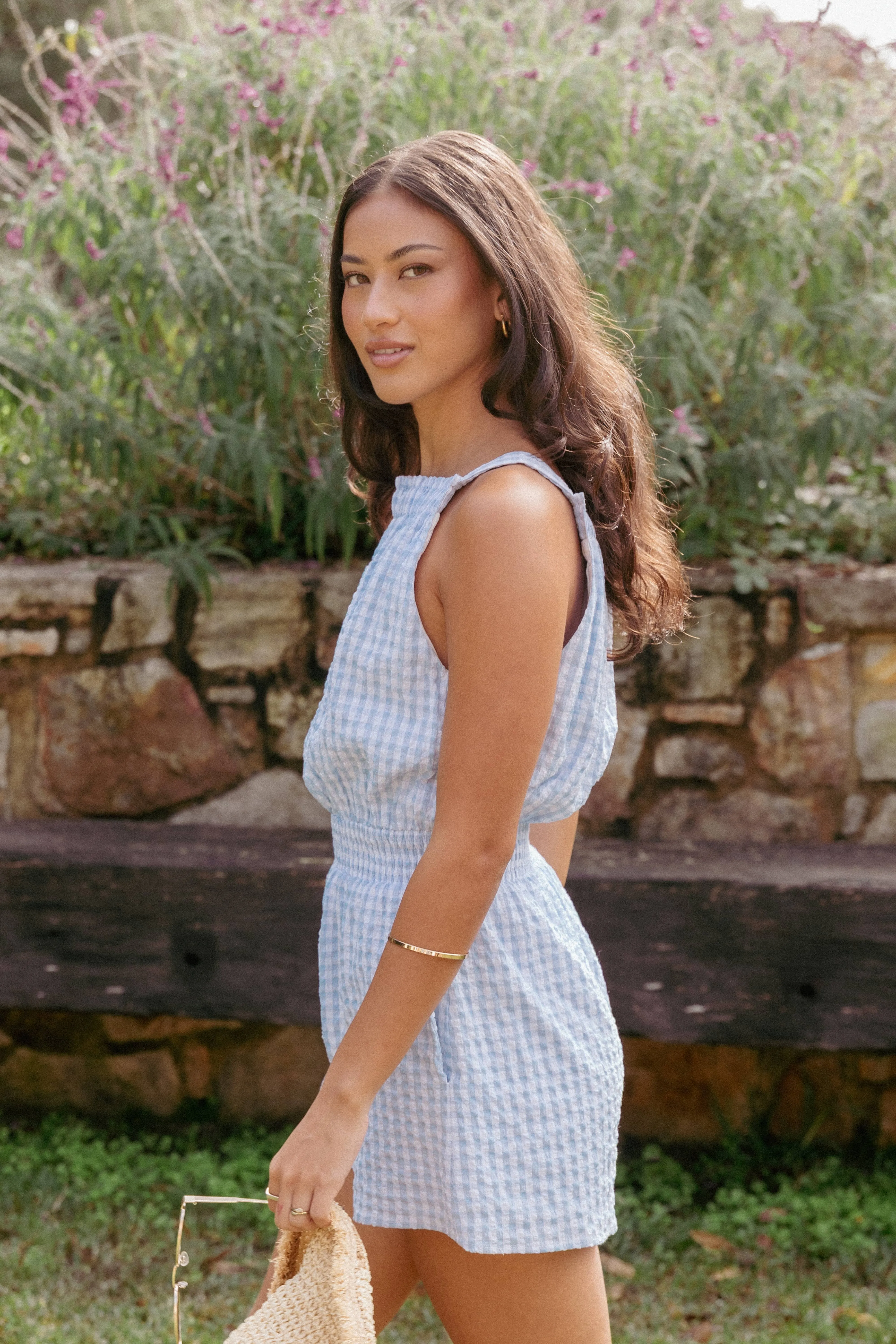 Felicity Romper - Blue Gingham sold by Petal & Pup