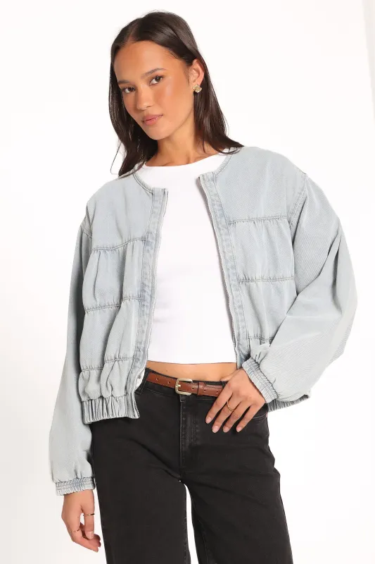 Gretal Denim Bomber Jacket - Light Blue Wash made by Petal & Pup