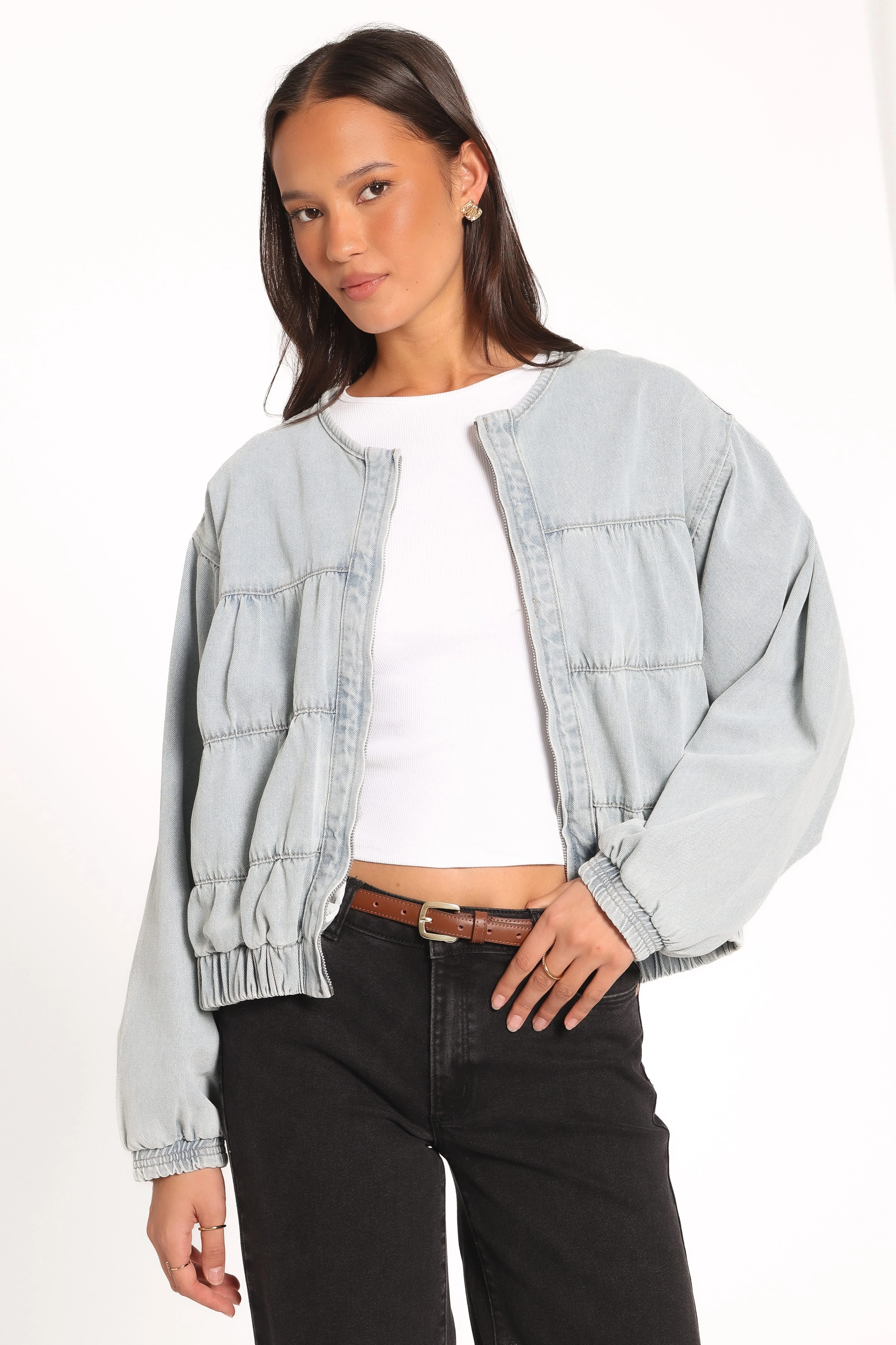 Gretal Denim Bomber Jacket - Light Blue Wash sold by Petal & Pup