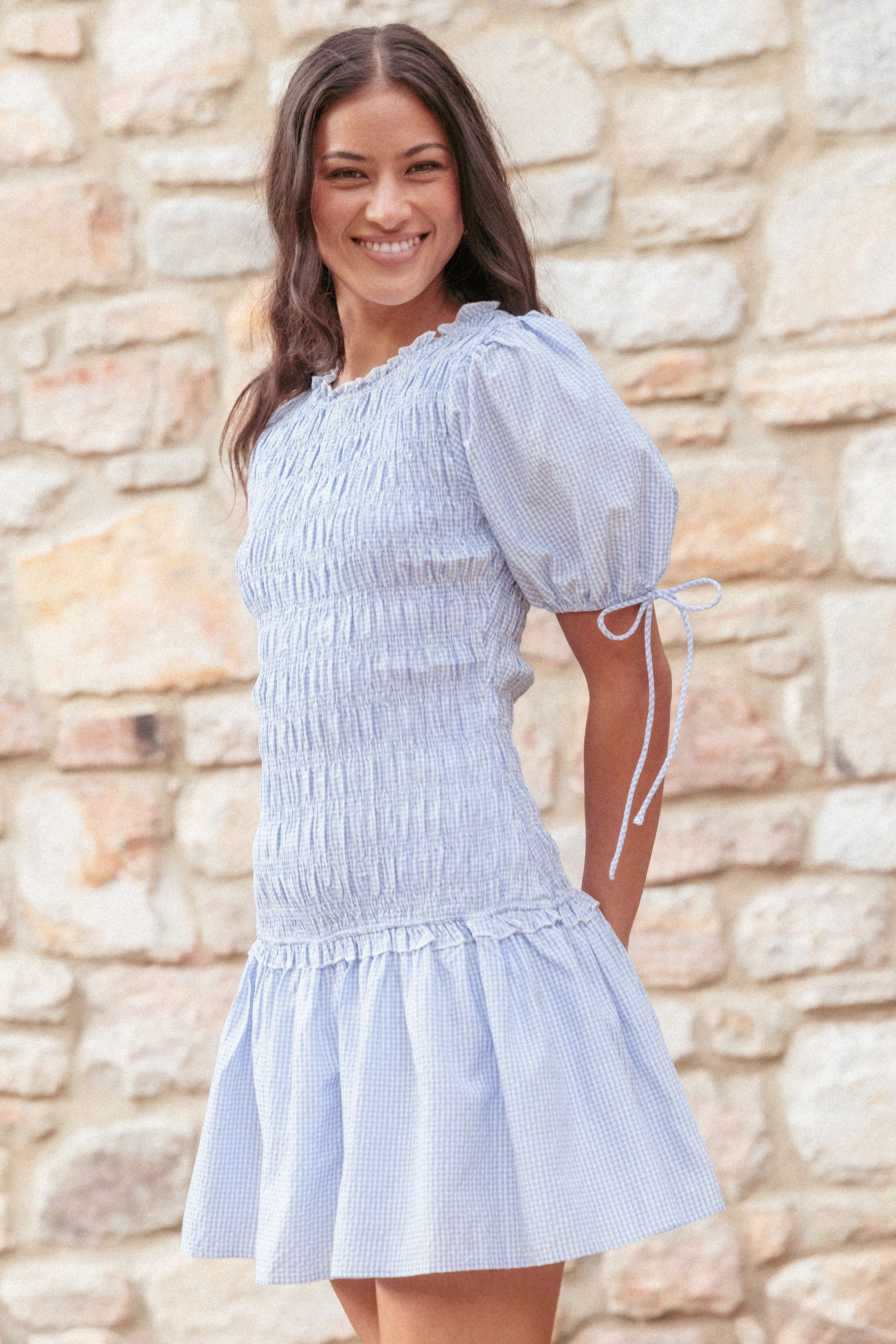 Kaelyn Gather Mini Dress - Blue Gingham sold by Petal & Pup