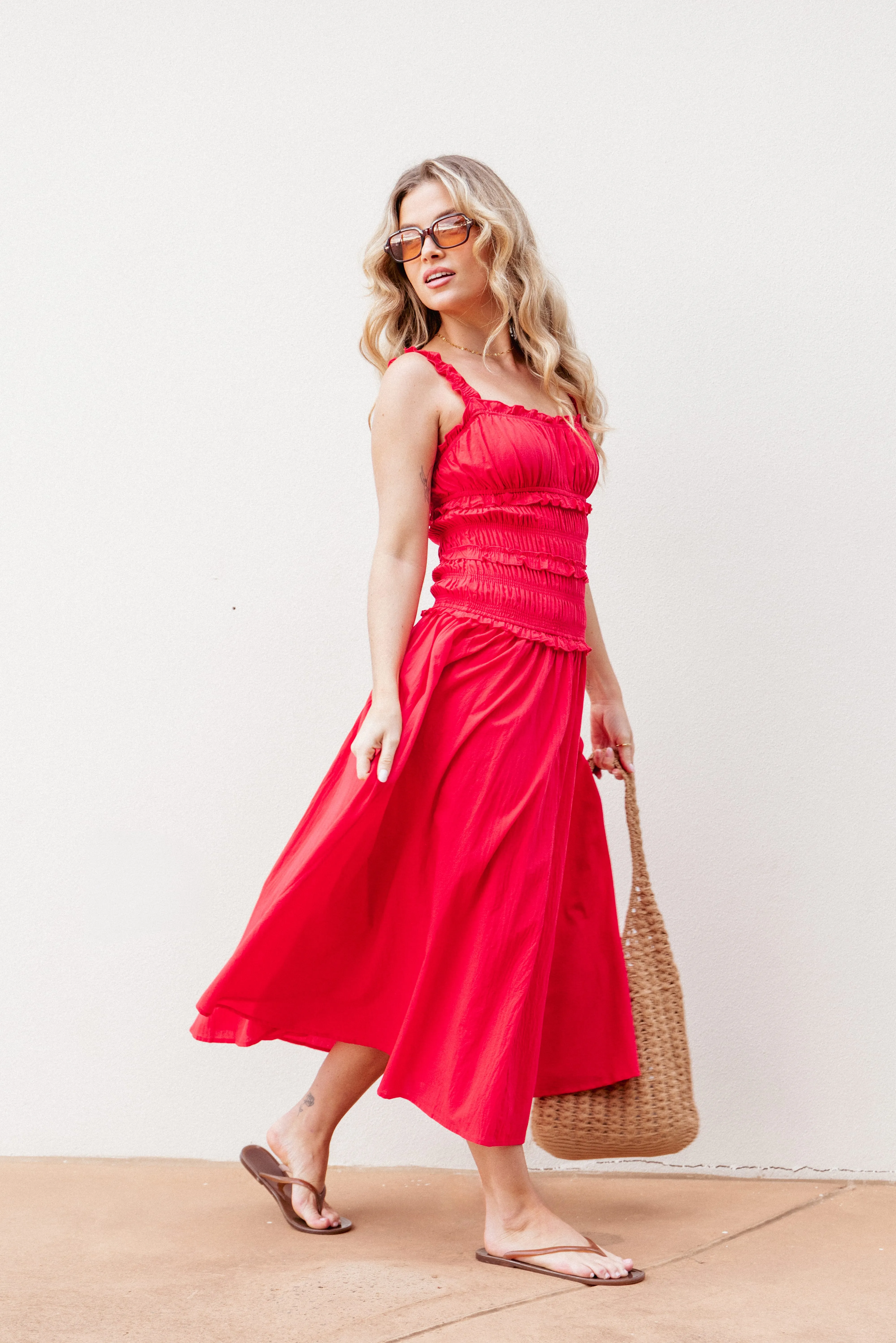 Enola Gather Midi Dress - Red sold by Petal & Pup