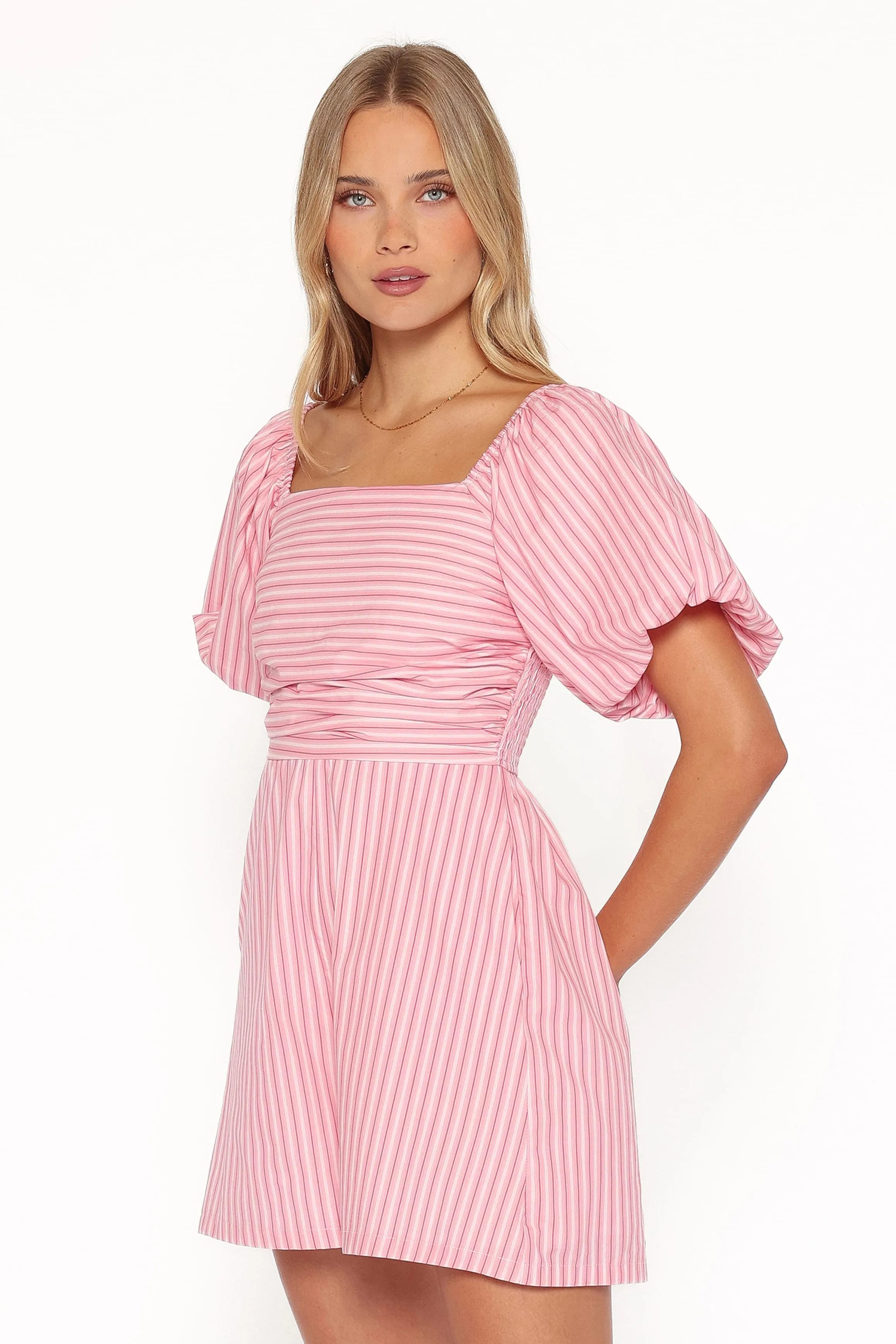 Clo Puff Sleeve Romper - Pink Stripe sold by Petal & Pup product image thumbnail 4