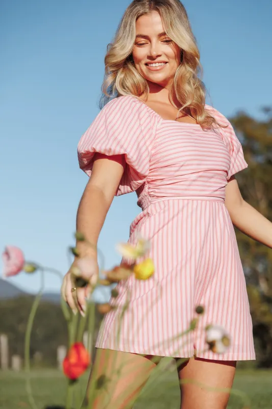 Clo Puff Sleeve Romper - Pink Stripe made by Petal & Pup