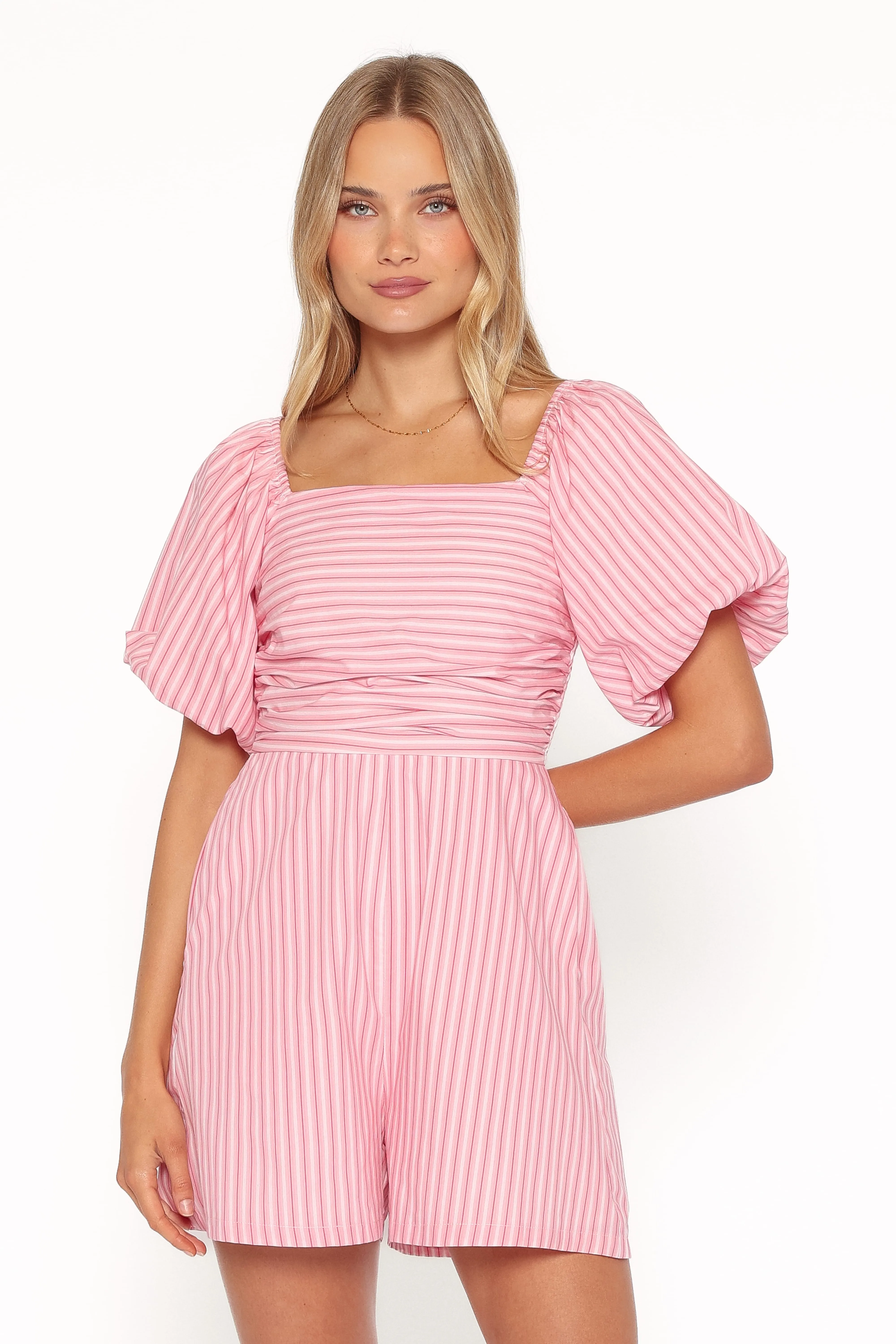 Clo Puff Sleeve Romper - Pink Stripe sold by Petal & Pup product image thumbnail 2