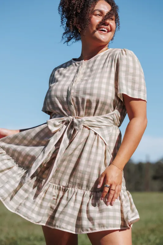Lorry Tie Front Mini Dress - Green/Pink Gingham made by Petal & Pup