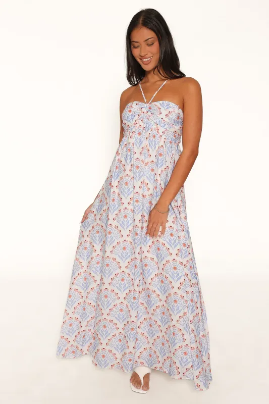 Cascade Halterneck Maxi Dress - White Blue made by Petal & Pup