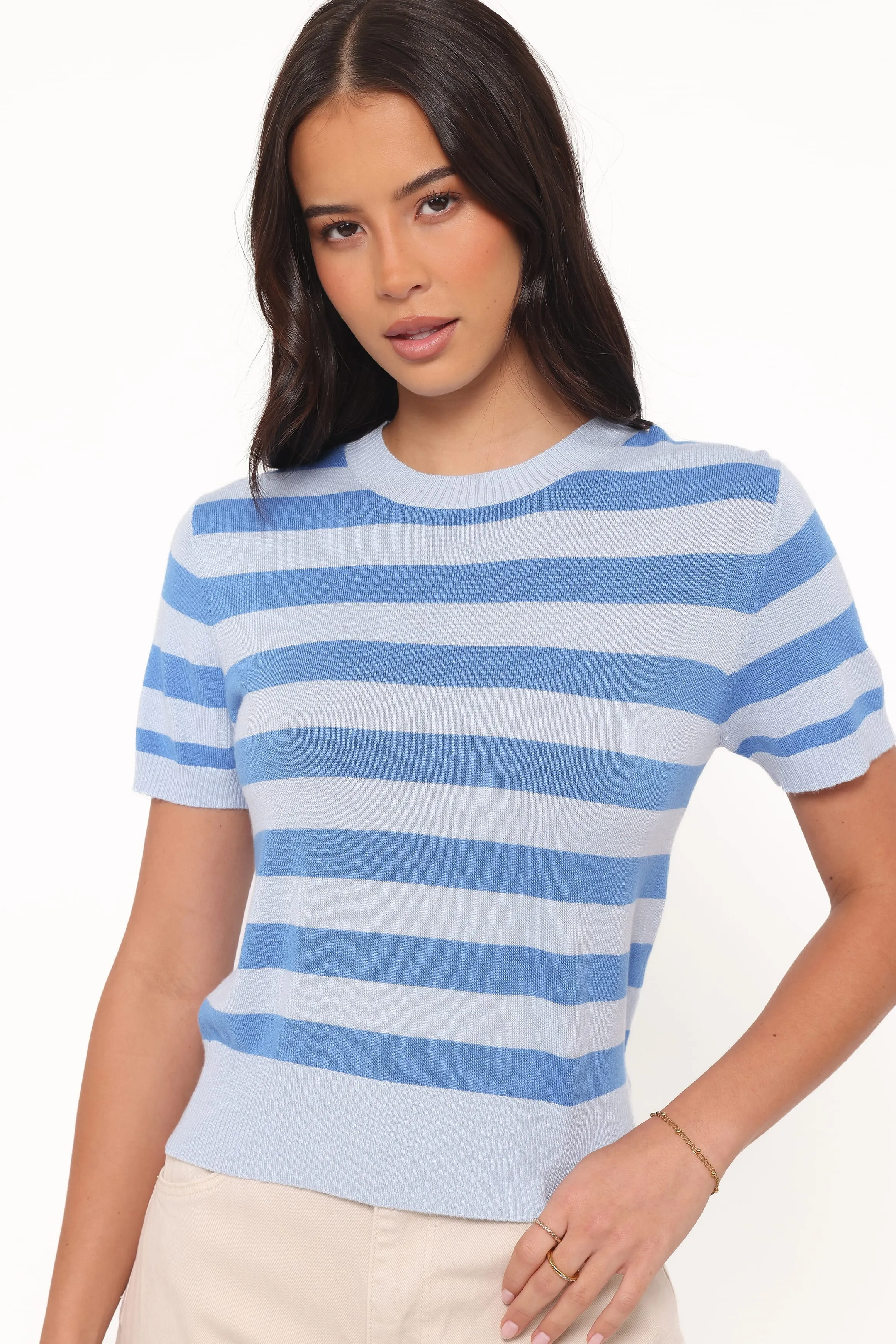 Joss Cropped Knitted Tee - Blue Stripe sold by Petal & Pup product image thumbnail 3