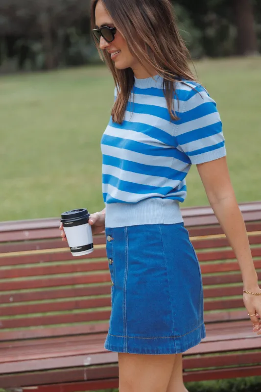 Joss Cropped Knitted Tee - Blue Stripe made by Petal & Pup