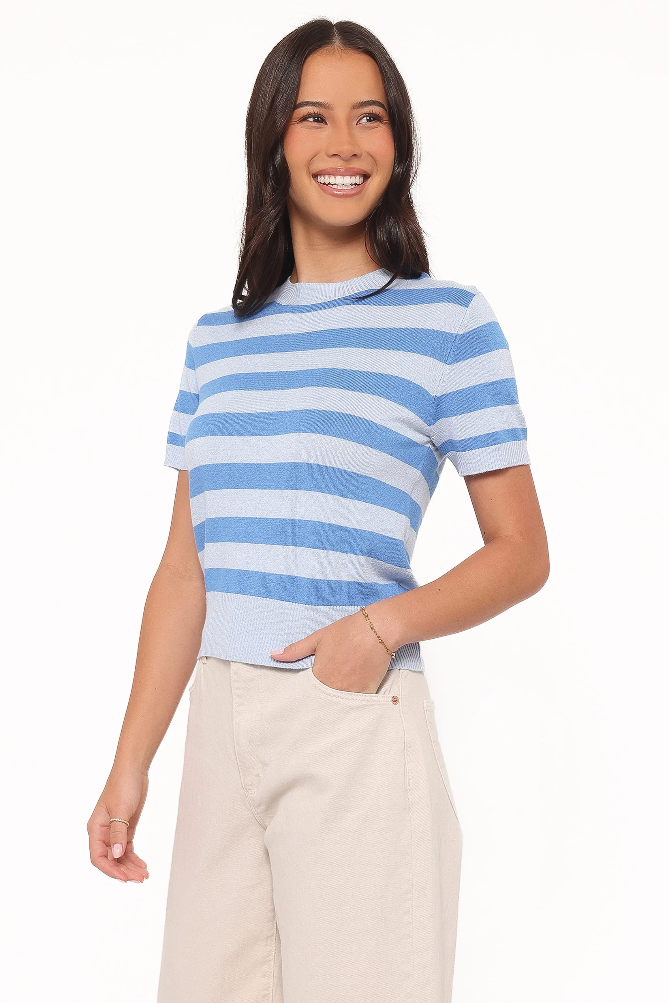 Joss Cropped Knitted Tee - Blue Stripe sold by Petal & Pup product image thumbnail 4
