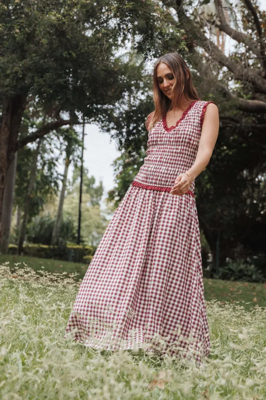Leabrook Maxi Dress - Burgundy Gingham made by Petal & Pup