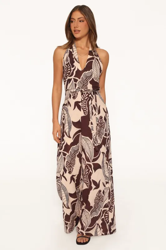 Kehlani Halterneck Jumpsuit - Brown Floral made by Petal & Pup
